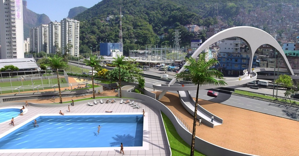 A passarela para pedestres na favela da Rocinha, no Rio de Janeiro (RJ). A obra possui 60 metros de extensão e liga a favela ao bairro de São Conrado