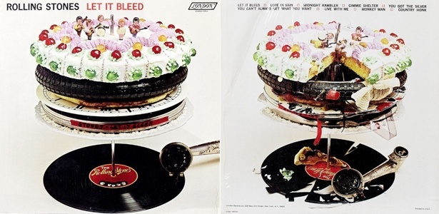 A arte da capa (à esq.) e da contracapa de "Let It Bleed", dos Rolling Stones, foi feita em 1969 pelo designer norte-americano Robert Brownjohn. Um dos sucessos do disco é  "Gimme Shelter"  - Montagem